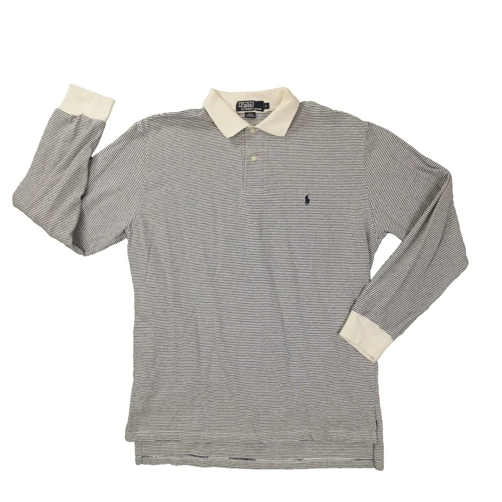 Polo Ralph Lauren Mens Large Blue White Stripe Long Sleeve Polo Shirt Vintage
